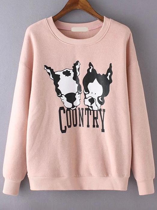 Romwe Cartoon Dog Print Pink Sweatshirt