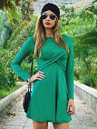 Romwe Green Long Sleeve A Line Dress