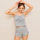 Romwe Cat Print Ruffle Hem Cami Pj Set