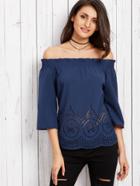 Romwe Navy Off The Shoulder Eyelet Top