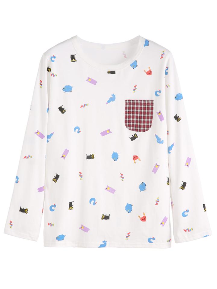 Romwe White Animals Print Plaid Pockets T-shirt