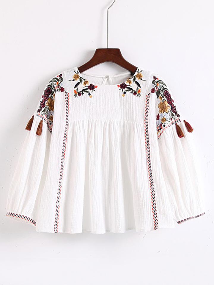 Romwe Flower Embroidery Keyhole Back Top With Fringe
