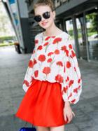 Romwe Red Round Neck Long Sleeve Two Pieces Floral Print Dress