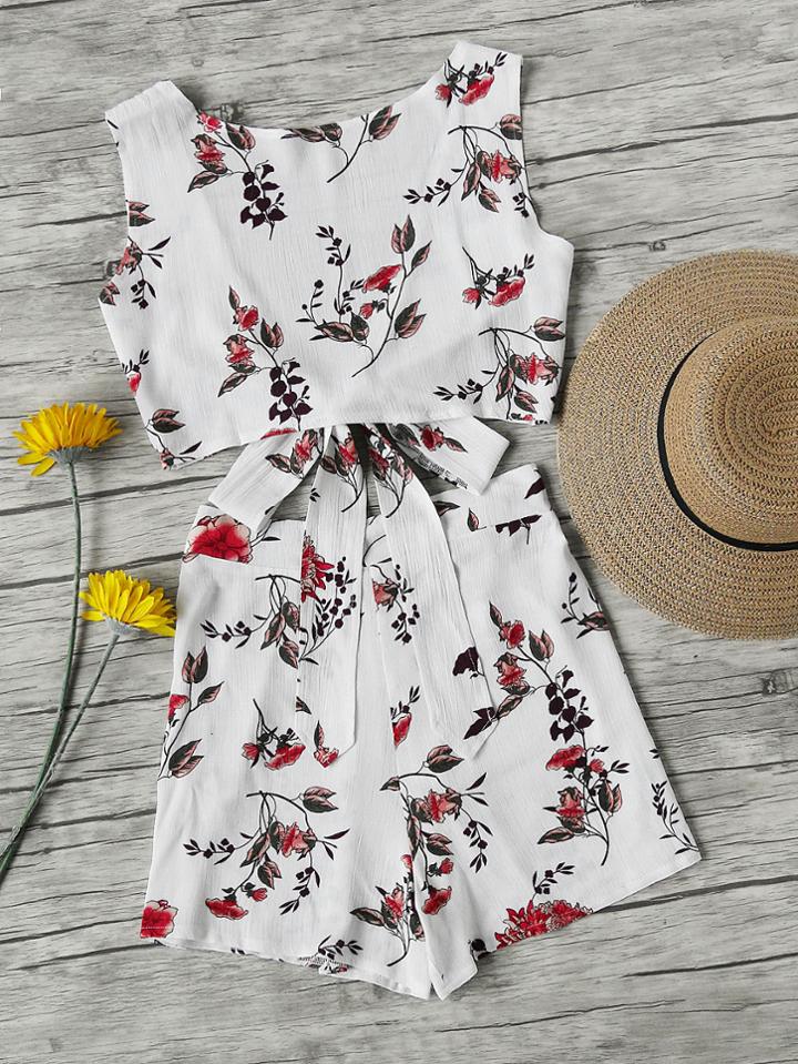 Romwe Floral Print V Back Tie Multiway Top With Shorts
