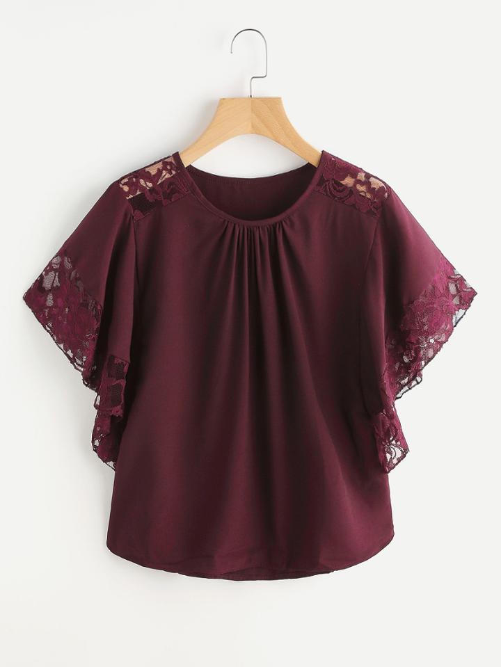 Romwe Floral Lace Insert Butterfly Sleeve Blouse