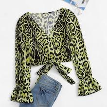 Romwe Leopard Print Flounce Sleeve Knot Hem Blouse