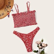 Romwe Calico Print Smocked Top With High Cut Bikini