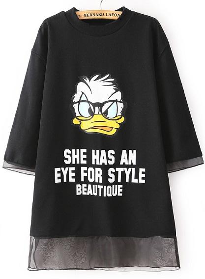 Romwe Donald Duck Print Loose Black Dress