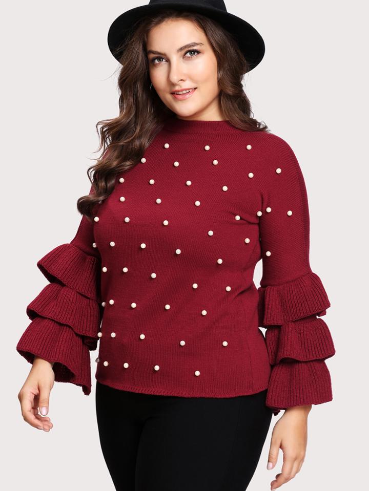Romwe Tiered Ruffle Sleeve Pearl Embellished Jumper