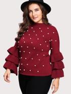 Romwe Tiered Ruffle Sleeve Pearl Embellished Jumper