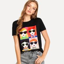 Romwe Mixed Applique Cartoon Print Tee