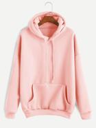 Romwe Pink Drop Shoulder Drawstring Hooded Pocket Sweatshirt
