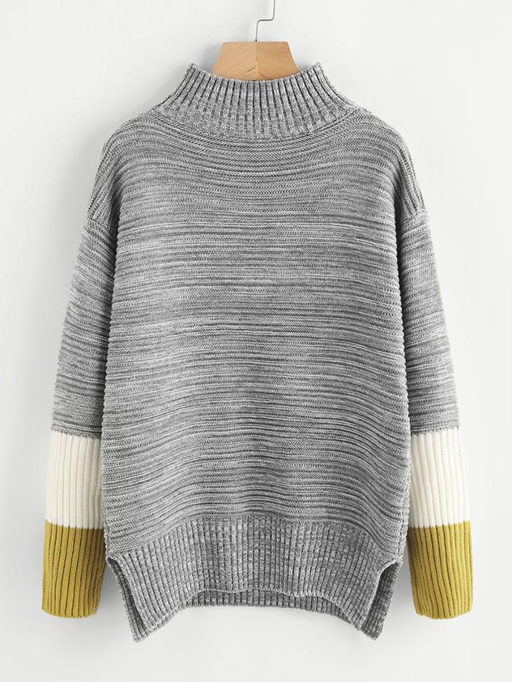 Romwe Striped Sleeve Vented Side Space Dye Jumper