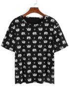 Romwe Allover Elephant Print T-shirt - Black