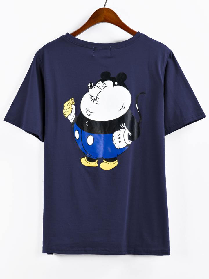 Romwe Fat Mouse Print T-shirt - Navy