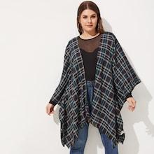 Romwe Plus Asymmetrical Raw Hem Plaid Cape Coat