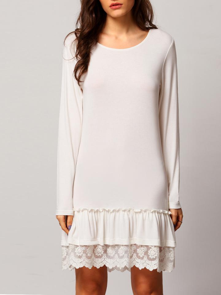 Romwe White Crew Neck Lace Embroidered Flounce Dress