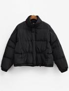 Romwe Stand Collar Zipper Loose Black Coat