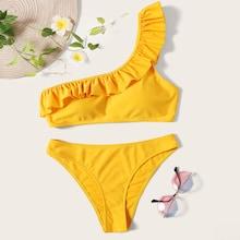 Romwe Ruffle One Shoulder Bikini Set