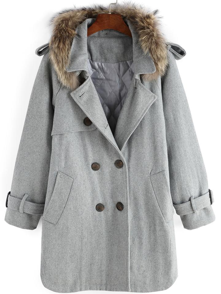 Romwe Lapel Double Breasted Pockets Long Grey Coat