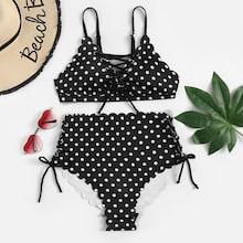 Romwe Random Polka Dot Scalloped Trim Lace-up Bikini Set