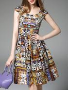 Romwe Multicolor Elastic-waist Print A-line Dress