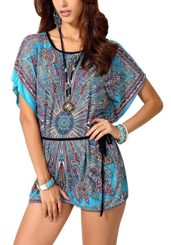 Romwe Bat Sleeve Vintage Print With Belt Dress