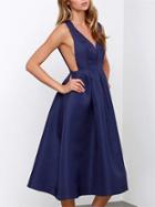 Romwe Navy Faille Shantung Sleeveless Pockets Flare Dress