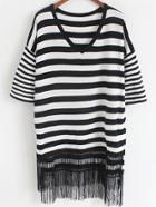 Romwe V Neck With Tassel Striped Sweater