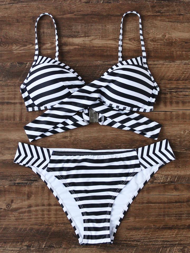 Romwe Black And White Striped Cross Front Bikini Set