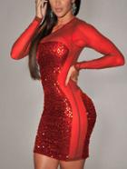 Romwe Long Sleeve Sheer Mesh Sequined Red Dress