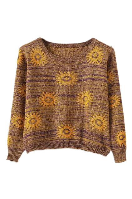 Romwe Sunflower Knitted Khaki Jumper