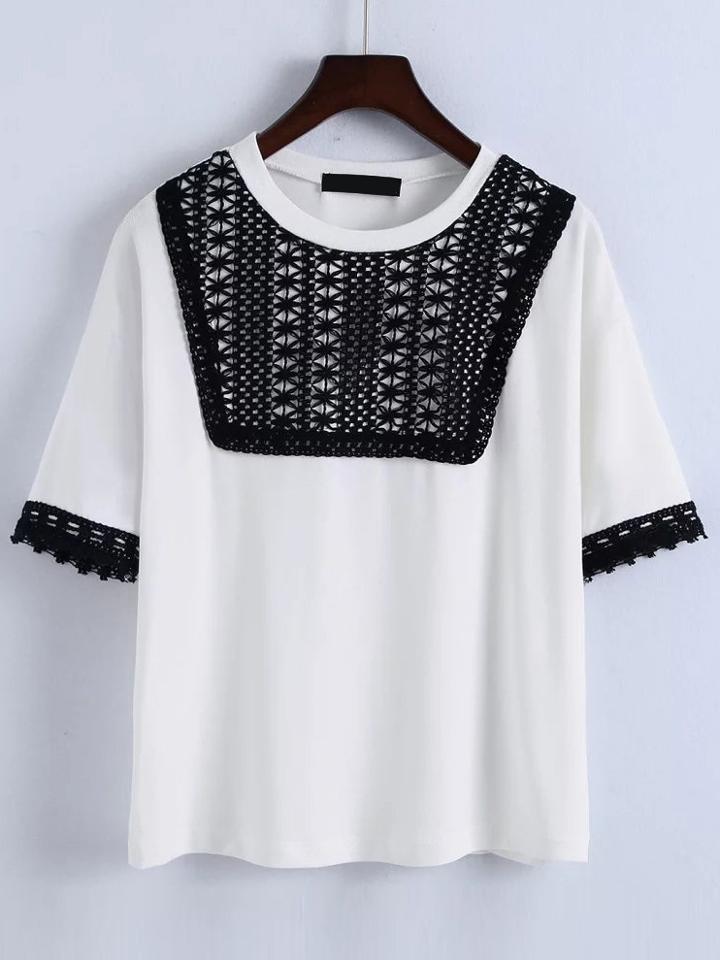 Romwe Black And White Contrast Lace T-shirt