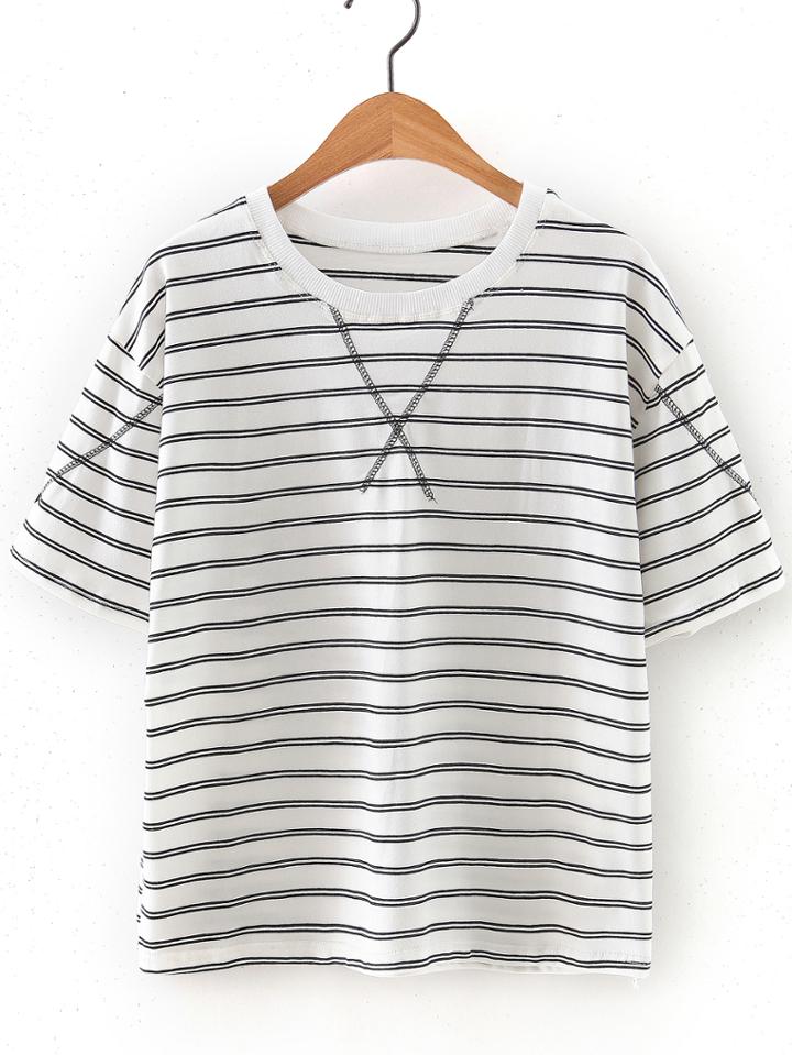 Romwe White Round Neck Stripe T-shirt