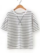 Romwe White Round Neck Stripe T-shirt