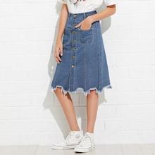Romwe Raw Hem Button Front Pocket Denim Skirt