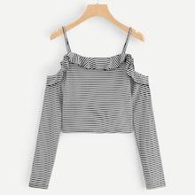 Romwe Cold Shoulder Ruffle Trim Striped Tee