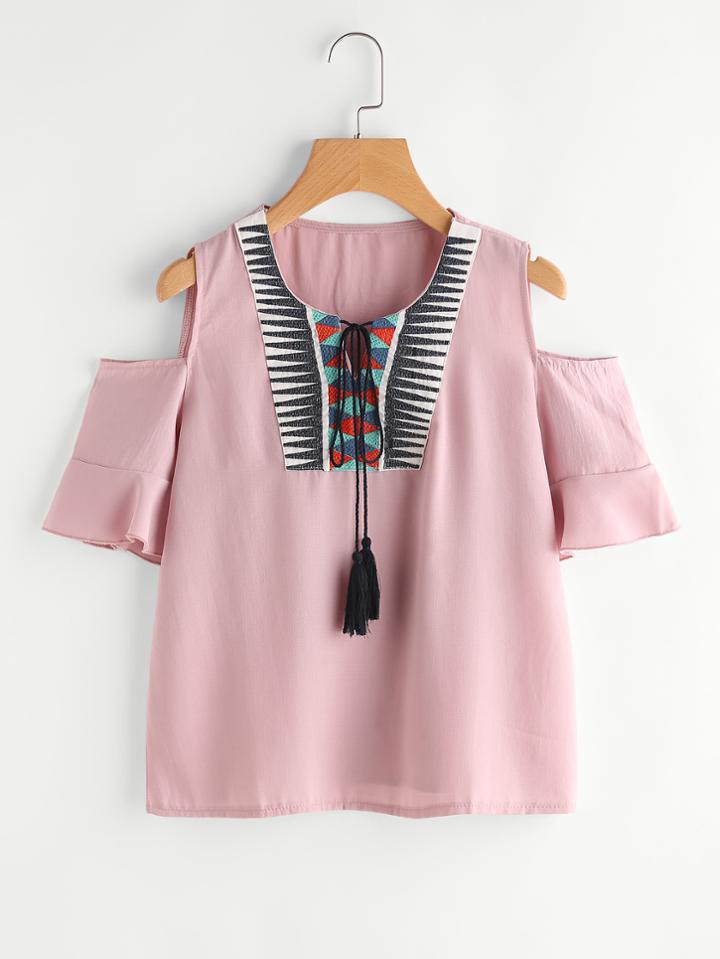 Romwe Aztec Embroidery Open Shoulder Tassel Tie Top