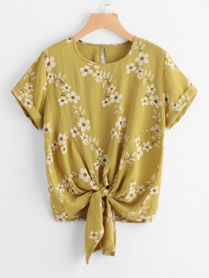 Romwe Floral Print Knot Front Cuffed Tee