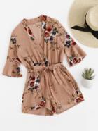 Romwe Fluted Sleeve Floral Print Surplice Romper With Belt