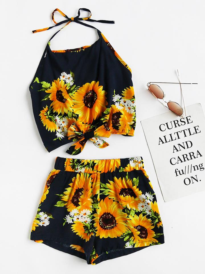 Romwe Bow Tie Hem Floral Print Random Top With Shorts