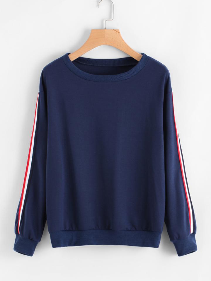 Romwe Stripe Tape Detail Pullover