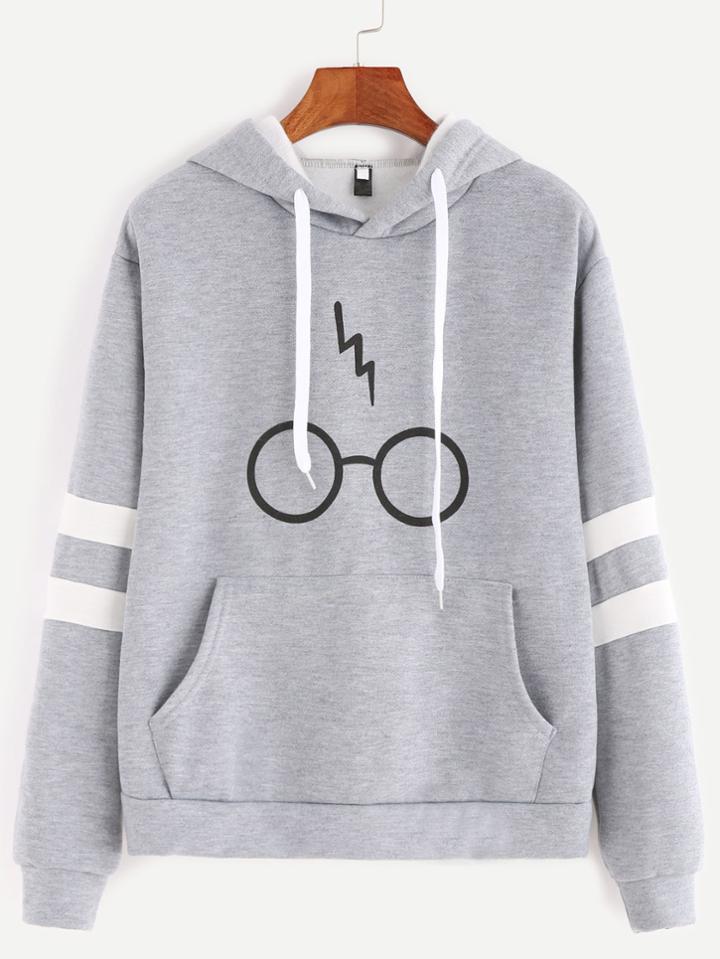Romwe Grey Glasses Print Sleeve Contrast Trim Hooded Pocket Sweatshirt