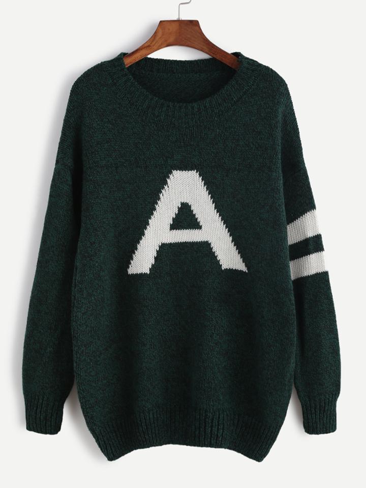 Romwe Dark Green Drop Shoulder Varsity Pattern Sweater