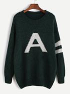 Romwe Dark Green Drop Shoulder Varsity Pattern Sweater