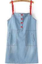 Romwe Contrast Straps Pocket Buttons Denim Light Blue Dress