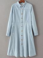 Romwe Light Blue Embroidery A Line Button Up Dress