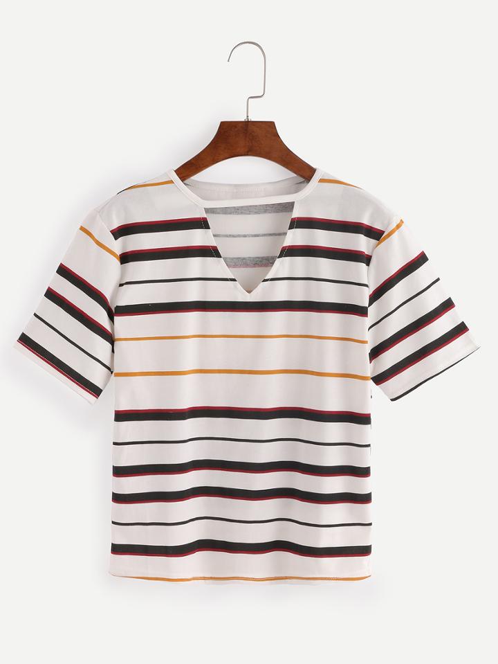 Romwe Black Striped V Neck Keyhole Front T-shirt