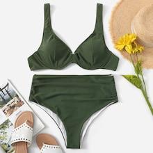Romwe Plus Underwire Top With Ruched High Waist Bikini