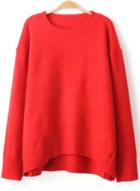 Romwe Solid Dipped Hem Loose Red Sweater